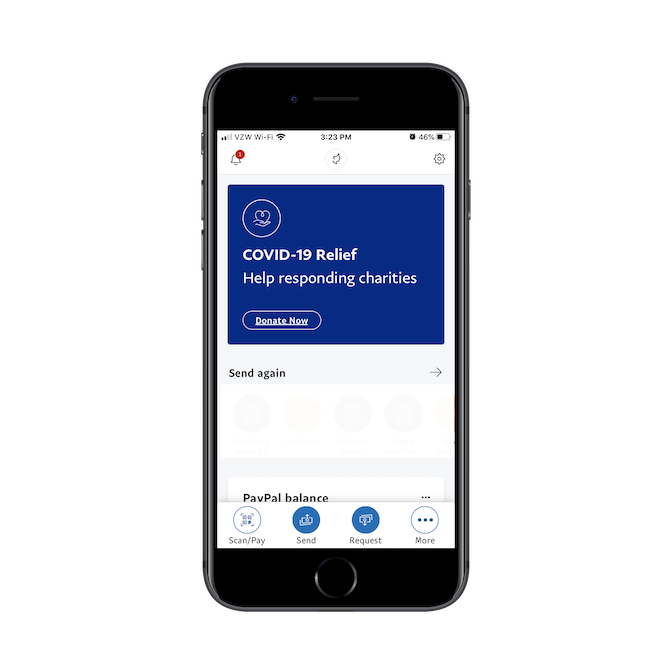The PayPal cash app has a bottom navigation with Scan/Pay, Send, Request, and More. It also has a notification ticker and two buttons to account settings.