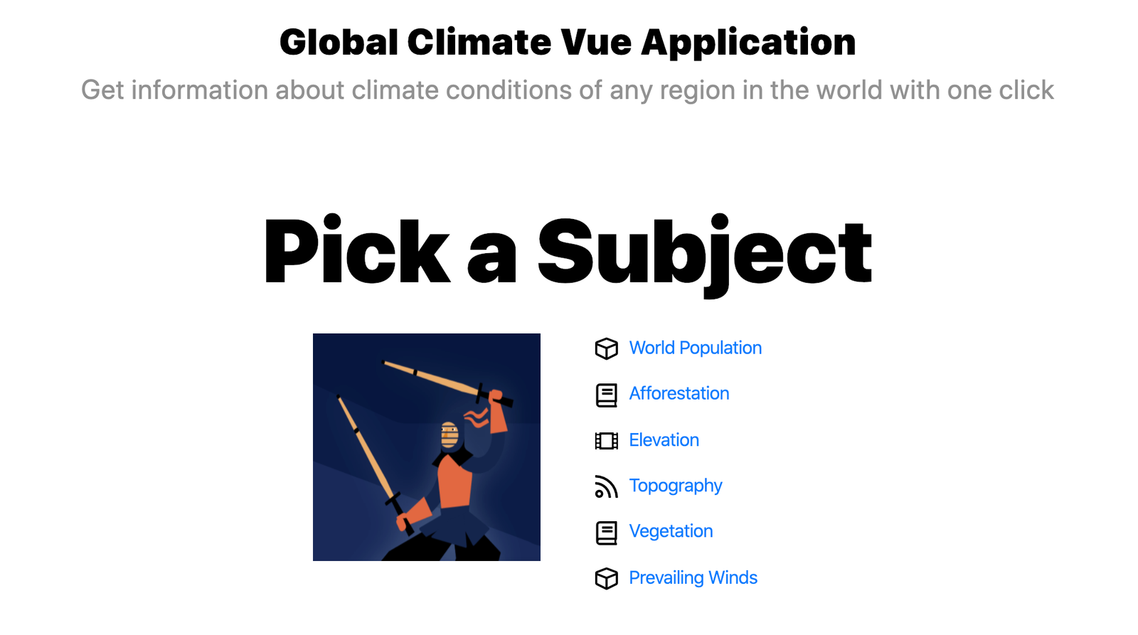 Global Climate Vue Application encourages you to pick a subject: World population, afforestation, elevation, topography, vegetation, or prevailing winds.