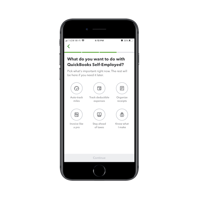 The QuickBooks onboarding process asks users what they want to do with the app: auto-track miles, track deductible expenses, organize receipts, invoice like a pro, stay ahead of taxes, know what I make.