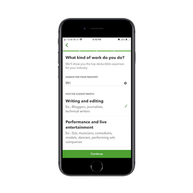 The QuickBooks app asks new users to describe what kind of work they do. The "Search for Your Industry" is a predictive search function and helps match them to their business type.