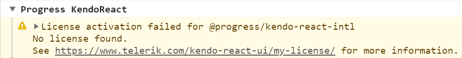 KendoReact License Key Warning Message letting the user know they need a commercial license key