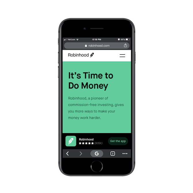 The Robinhood PWA skips the “Sign Up” button and instead clearly promotes the mobile app with a sticky bar at the bottom of the page.
