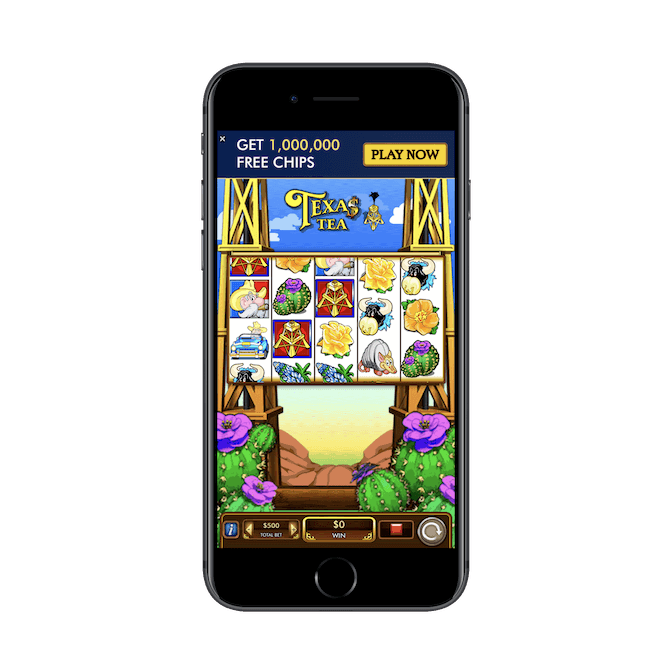 An interstitial ad for Texas Tea Slots plays after the user hits “Play” on a new podcast episode.