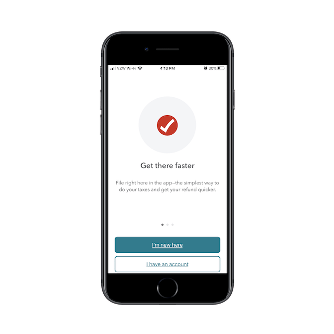 The TurboTax mobile app welcomes visitors with a promise to "Get there faster" and options for "I’m new here" and "I have an account".