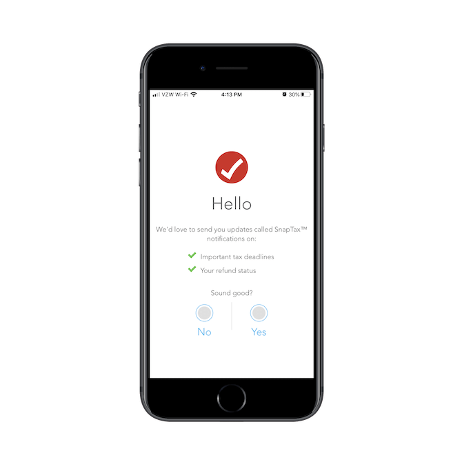 The TurboTax mobile app gently asks users if it’s okay to send updates called "SnapTax" notifications.