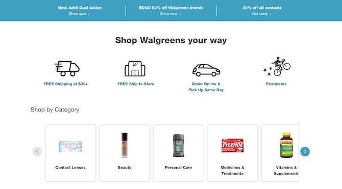 Walgreens has added a new “Shop Walgreens your way” section to its website during COVID-19. It lets customers know how they can shop with them: FREE shipping at $35+, FREE ship to store, Order online & pick up same day, Postmates.