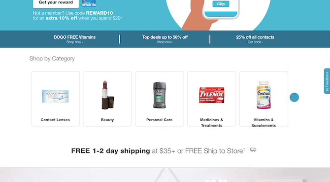 A snapshot of the Walgreens website in January 2020. Below the fold on the homepage, shoppers see common categories as well as special offers on BOGO FREE Vitamins, Top deals, and FREE 1-2 day shipping.