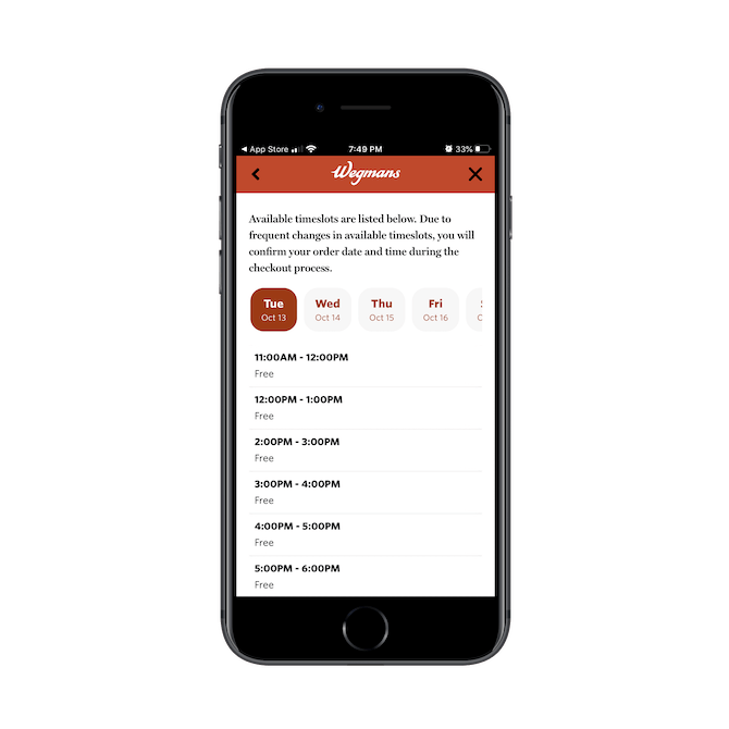 The Wegmans mobile app enables customers to schedule their grocery pickup for a certain day and timeframe.