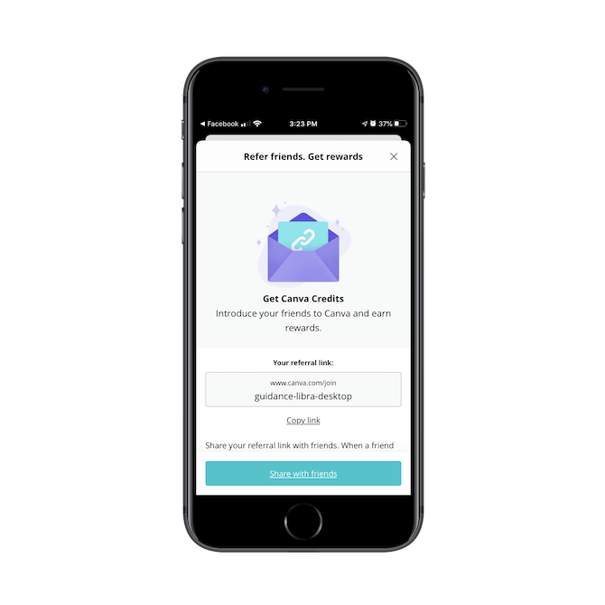 The Canva app referral program page encourages users to “Refer friends. Get rewards”. A custom share link is provided down below.