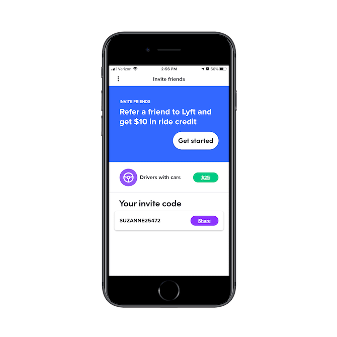 The Lyft app’s referral program page invites users to ‘Refer a friend to Lyft and get $10 in ride credit’. A personalized invite code and quick-share link are provided.