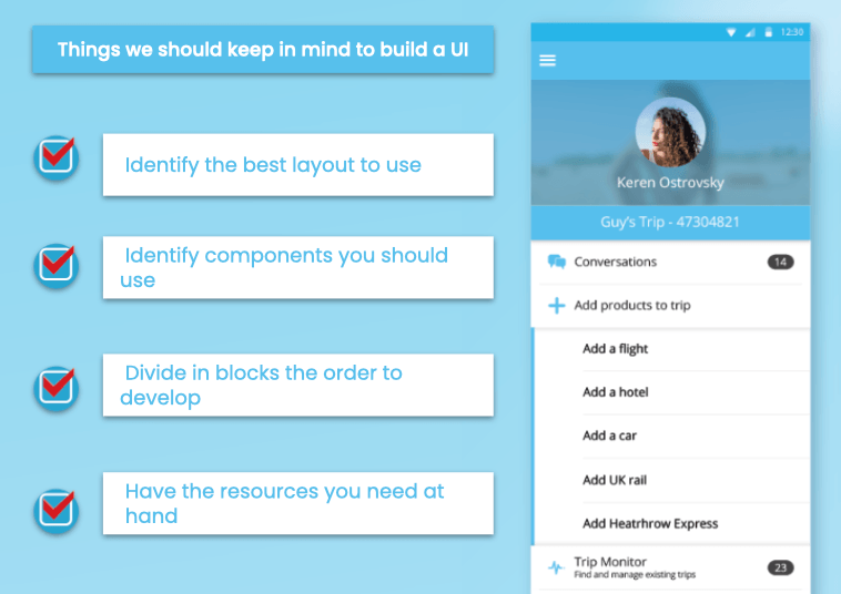 The UI is light blue with white boxes. The main column reads: Things we should keep in mind to build a UI: Identify the Best Layout to Use; Identify components you should use; Divide in blocks the order to develop; Have the resources you need at hand. The side column has another list, with a title “Guys Trip” and a list below showing some things you can add to the trip in an expanded accordion (like adding a flight, a hotel, etc.), 14 conversations not expanded, and a trip monitor with 23 notifications not expanded.