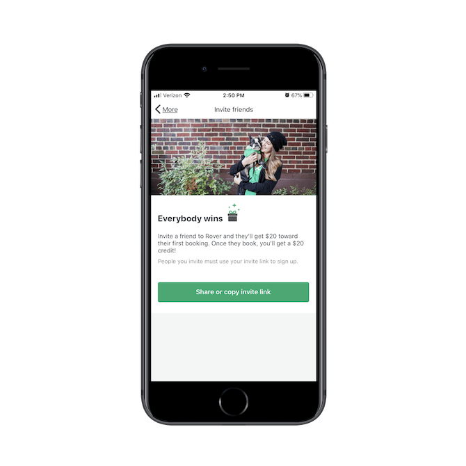 The referral program landing page for the Rover mobile app where “Everybody wins”. Referrers receive $20 as do the people they refer to the app.