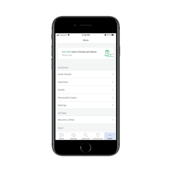 The “Invite friends” referral program link is available under the Rover mobile app’s “More” menu. It also appears as an illustrated banner with the offer “Get $20 when friends join Rover” at the top of the page.