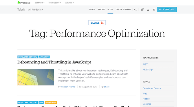 The Telerik blog has a comprehensive catalog of blog posts on performance optimization to help developers speed up their websites and apps.