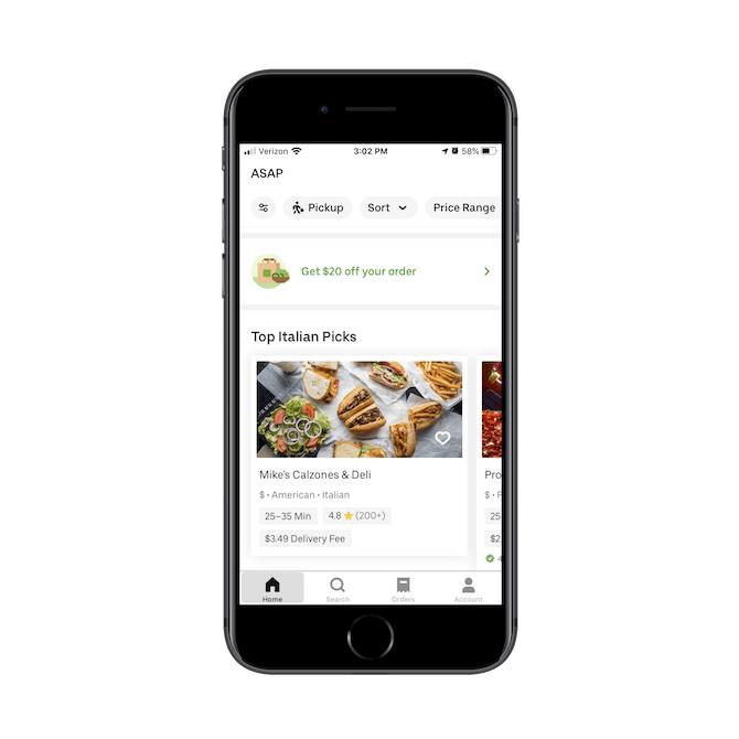 Uber Eats includes a promotional banner “Get $20 off your order” on the Home tab to promote its referral program.