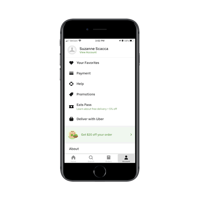 Uber Eats promotes its referral program in the navigation with a colorful icon, highlighted green background, and “Get $20 off your order”.
