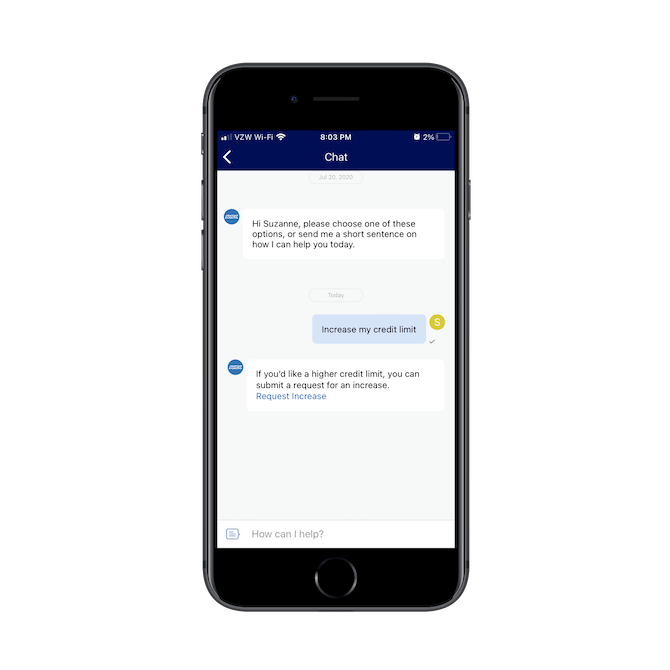The AmEx chatbot confirms the request of the user before directing them to the page where they can request a credit limit increase.