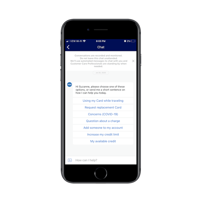 The AmEx mobile app chatbot greets the user by name and provides a list of queries like ‘Using my Card while traveling’ and ‘Request replacement Card’ for them to start with.