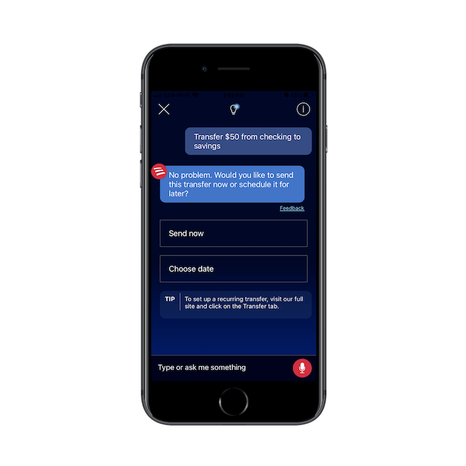 Bank of America mobile customers can ask Erica to transfer money between their checking and savings accounts on their behalf.