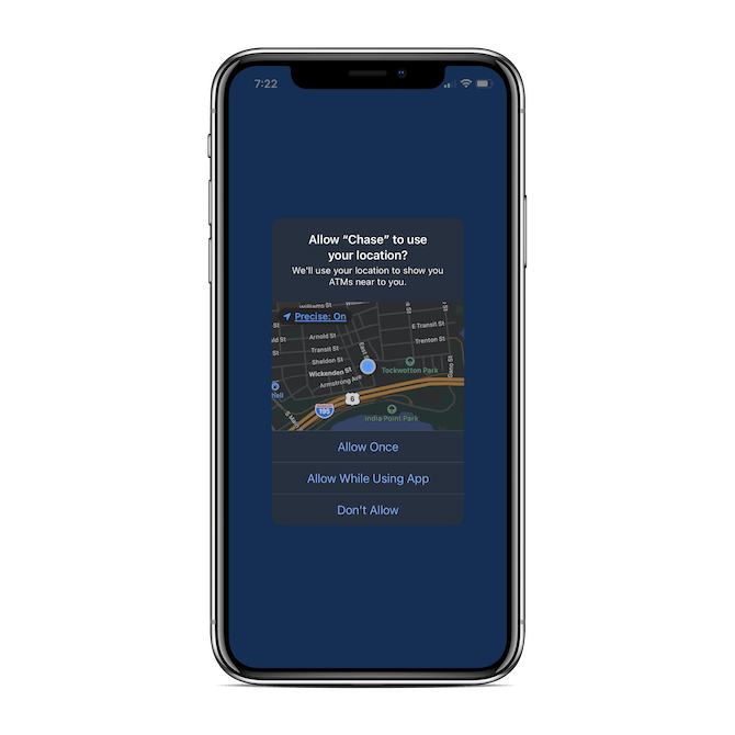 The first thing new Chase mobile app users see is a permission request to ‘Allow Chase to use your location’.