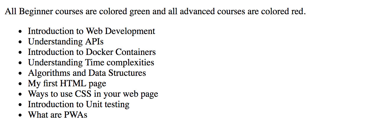 A simple white background with black text. Despite a sentence that says, "All Beginner courses are colored green, all intermediate courses are colored blue and all advanced courses are colored red," all the text is black.