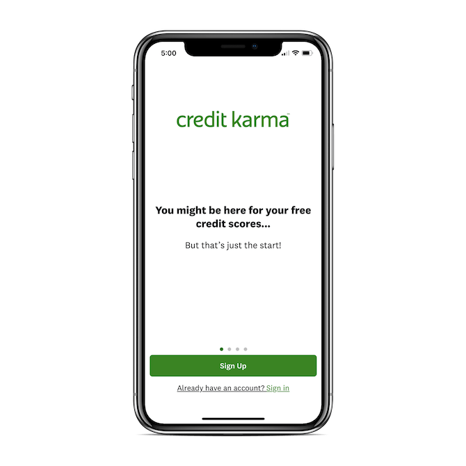 Credit Karma welcomes mobile users with a minimally designed splash screen and message: ‘You might be here for your free credit scores… But that’s just the start!’