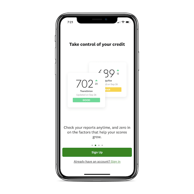 The Credit Karma mobile app keeps its green ‘Sign Up’ and ‘Already have an account? Sign in’ buttons ever present on the splash screen.