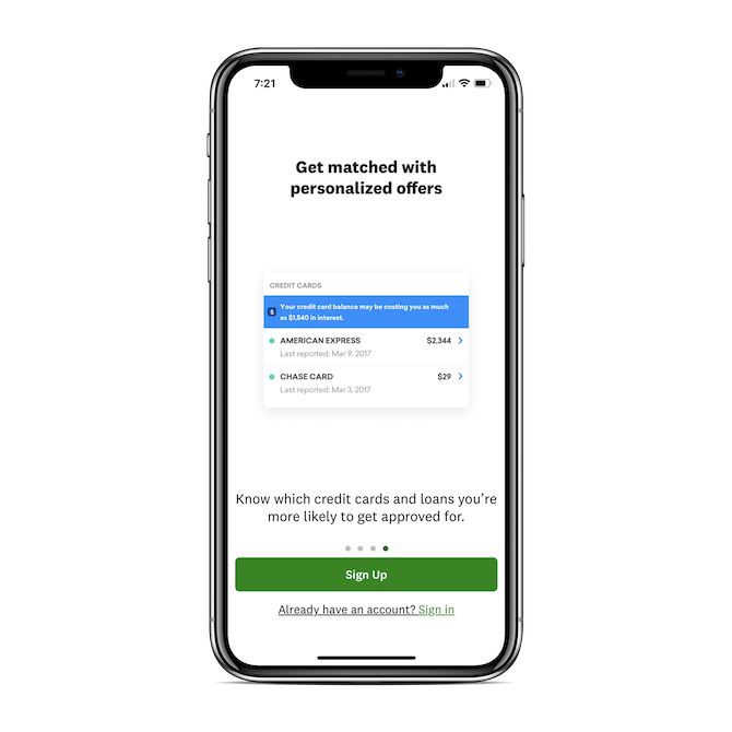 The Credit Karma mobile app’s splash screen includes a user-controlled slider. Slider navigation buttons appear beneath the slider.