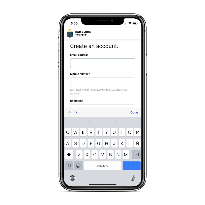 H&R Block’s mobile app signup form includes well-designed and laid-out fields for Email address, Mobile number, and Username.