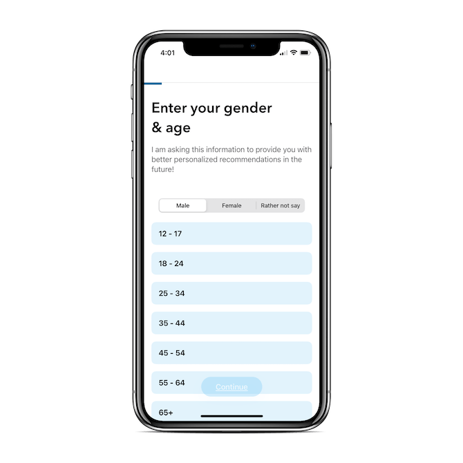 MoneyCoach asks new users to enter their gender and age so that the AI can provide personalized recommendations in the app.