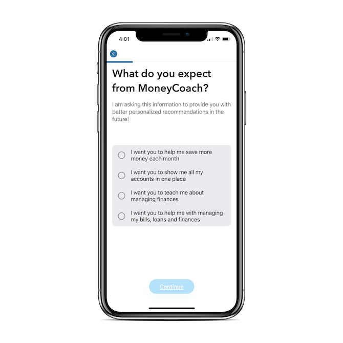 The MoneyCoach mobile app includes a progress bar and back-arrow at the top of its onboarding questionnaire.