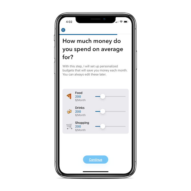 MoneyCoach asks users ‘How much money do you spend on average for?’ and includes sliders so they can adjust how much they spend on food, drinks, and shopping.