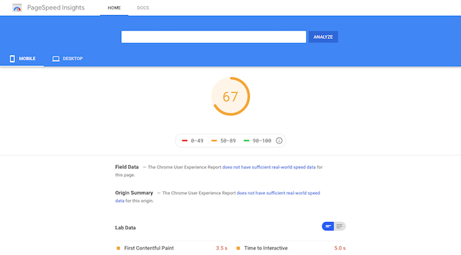 A sample speed test run through Google’s PageSpeed Insights tool. The mobile website received a so-so score of 67.