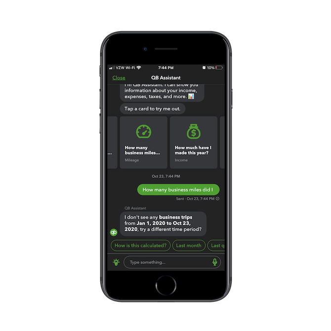 A user asks the QB Assistant ‘How many business miles did I use this year?’ and the chatbot provides an instant answer.