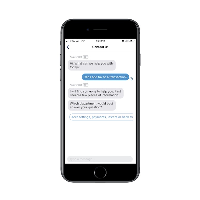 Venmo’s mobile chatbot routes users that ask questions like ‘Can I add tax to a transaction?’ to the appropriate department.