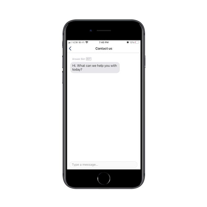 Venmo uses a chatbot to power the ‘Contact us’ page in its mobile app. It answers with a basic question: ‘Hi. What can we help you with today?’
