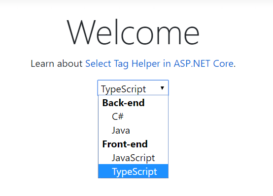 Drop-down shows Bold group Back-end with  C# and Java under it, and then bold group Front-end with JavaScript and TypeScript under it. TypeScript is highlighted.