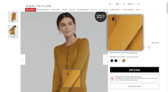 An example of what happens when someone zooms in on an Ann Taylor sweater on the website. The zoom feature reveals a blurry and tiny look at the fabric.