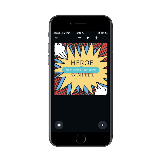 With the Canva mobile app, users see tooltips as they work on designing their first product. This one says ‘Tap on elements to start editing!’