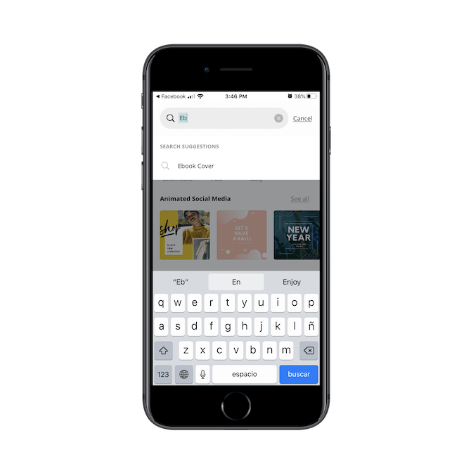 The Canva mobile app search bar comes with predictive functionality. When a user types “Eb”, it automatically predicts that they’re looking for “Ebook Cover”.