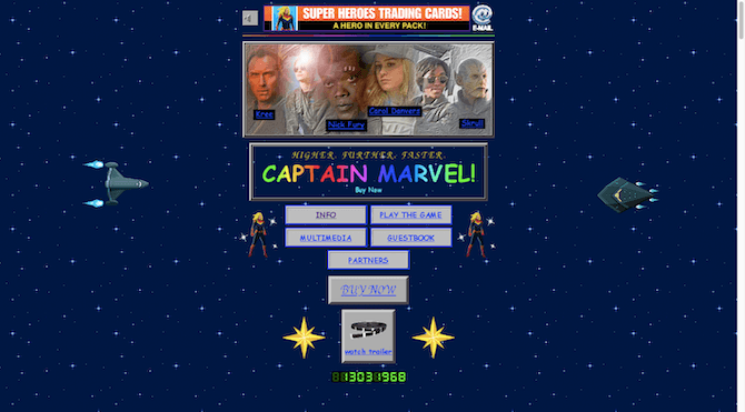 The Captain Marvel landing page looks just like a website pulled out of the ’90s, with neon colors, distracting animations, auto-playing sound and a visitor counter.