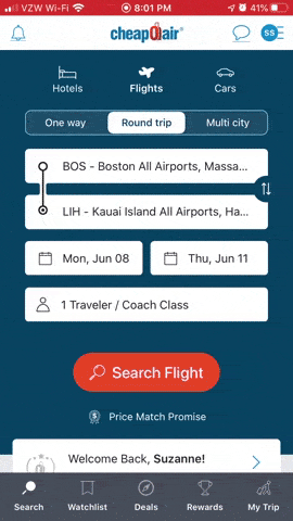 As CheapOair transitions users from the flight search screen to their search results, an animated airplane progress bar and populating results keep them engaged.