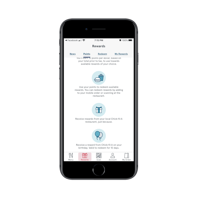 Chick-fil-A explains how Rewards points are accumulated in the different program tiers. Users earn points and extra rewards, then redeem them for food.