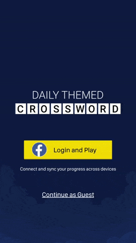 The Daily Themed Crossword Puzzle mobile app calls attention to the Facebook login button with animation.