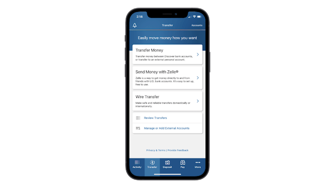 The Discover banking app includes a well-design navigation. There are tabs for Activity, transfer, Deposit, Pay and More with icons and succinct labels.