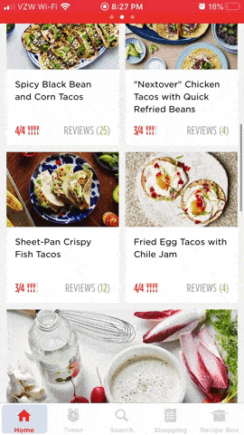 The Epicurious mobile app uses gentle easing to move secondary buttons for “Save”, “Share”, and the ingredients list into view.