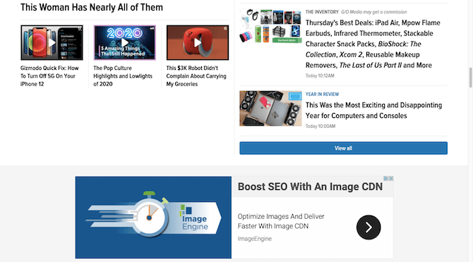 The Gizmodo homepage includes an ad for Image CDN as well as a possibly sponsored post for “Thursday’s Best Deals”.