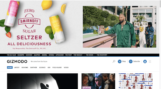 Gizmodo displays an oversized ad for Smirnoff Zero at the top of its homepage.