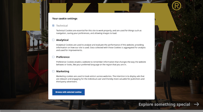 IKEA gives visitors the options to choose which cookies the website tracks: Technical (mandatory), Analytical, Preference and Marketing.