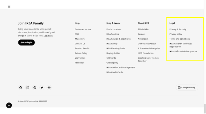 IKEA’s footer includes an entire section dedicated to Legal links: Privacy & Security, Privacy policy, Terms and conditions, IKEA Children’s Product Registration and IKEA SMALAND Privacy notice.